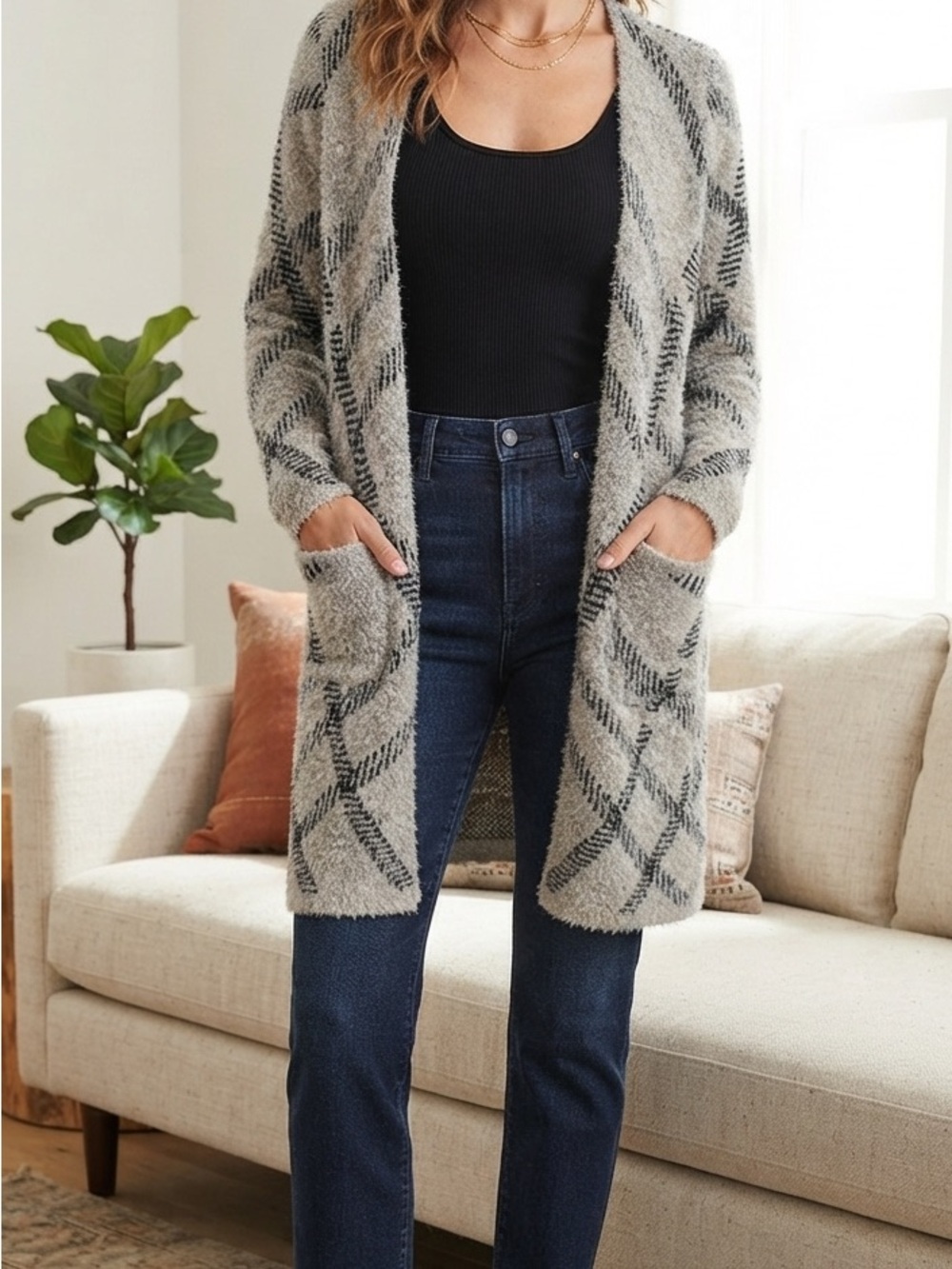 Plaid Open-Front Long Cardigan size S